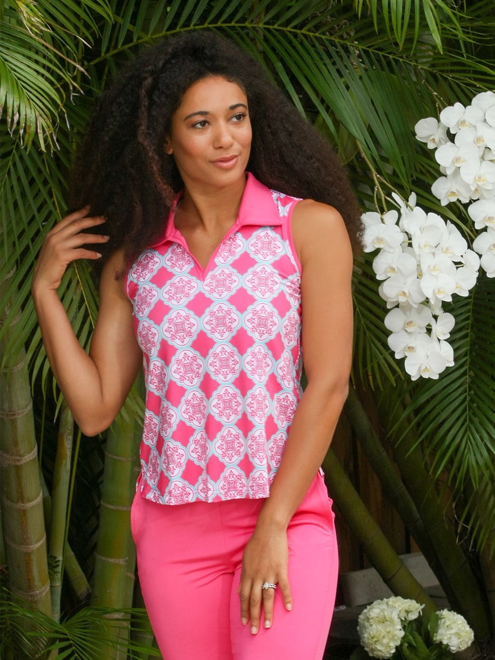 AnaClare SPF Sleeveless Pink Patterned Golf Top (M)